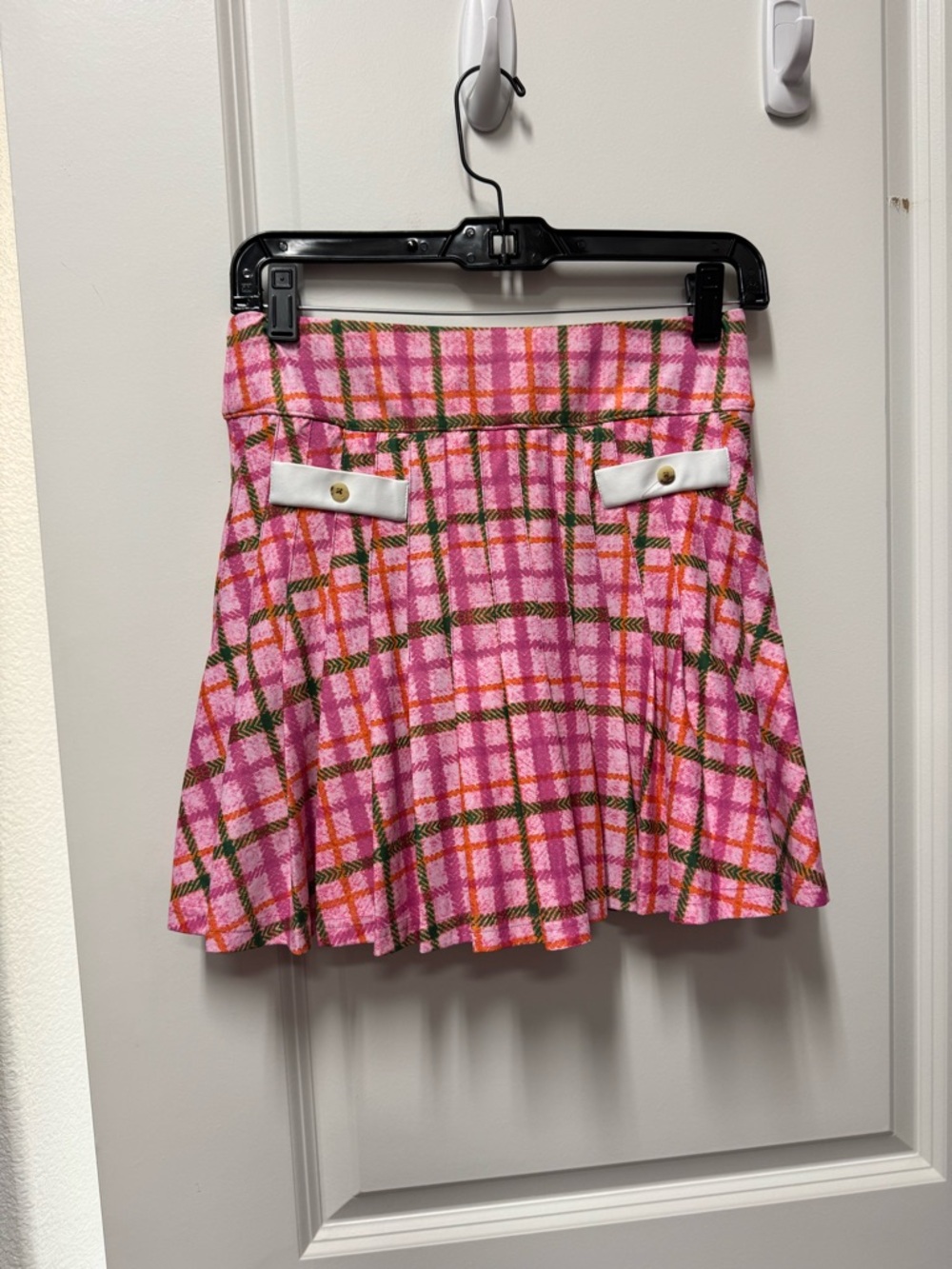 Smith and Quinn Pink Plaid A-Line Mini Skirt with Buttoned Accent